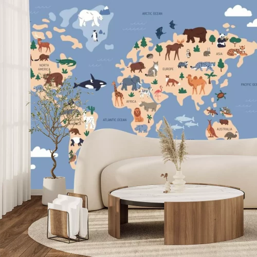 Fototapete Weltkarte mit Fischen und Tieren Muster für Kinder