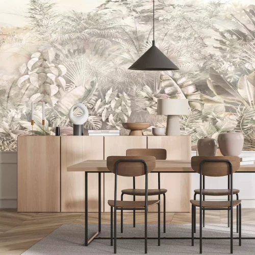 Fototapete Tropische Bäume und Blätter im nebligen Wald