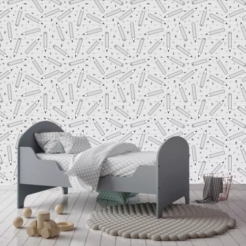 Tapete Schwarz-weißes Muster mit Buchstaben und Bleistiften