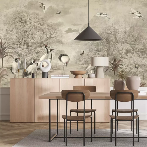 Fototapete Wallpaper Jungle Tropical Forest Palm tree Birds Vintage Painting old