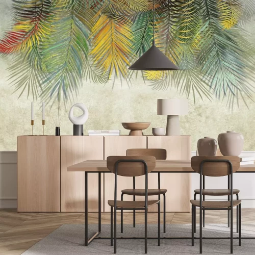 Fototapete Bunte hängende tropische Blätter auf strukturiertem Hintergrund