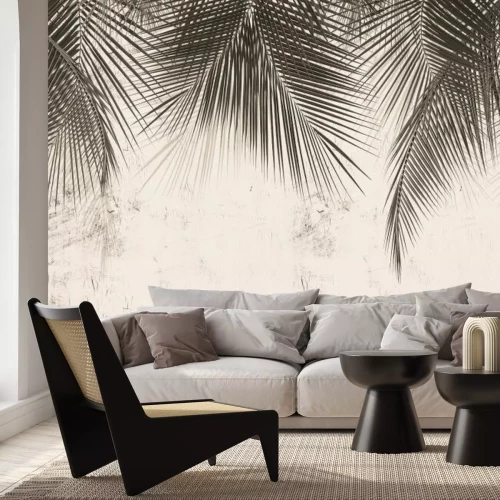 Fototapete Tropische Blätter auf Beton, monochromatisches Muster