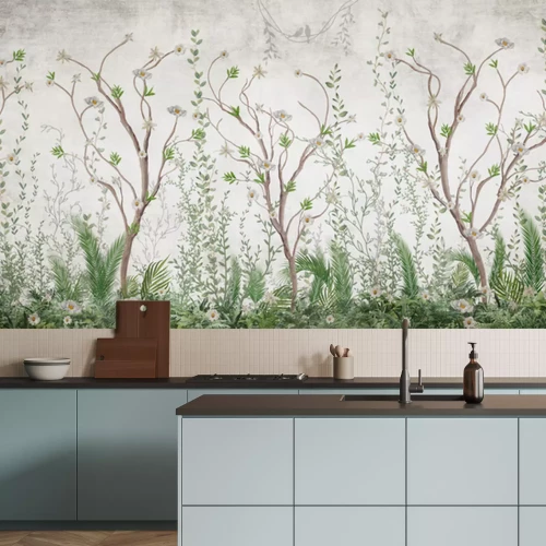 Fototapete Tropische Pflanzen und Bäume auf einem Betonhintergrund