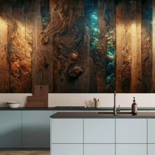 Fototapete Background of old wood with epoxy resin in blue. wooden table top with blue epoxy, old boards, wood patterns, old dark wood background. 3D illustration.