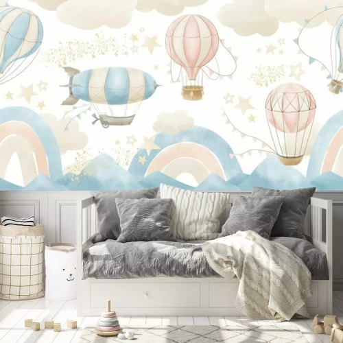 Fototapete Wallpaper with Hot Air Balloons. Seamless wall paper for baby room. Pattern with clouds, rainbow and mountains for childish design. Blue and beige pastel colors