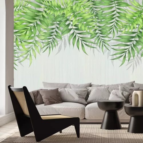 Fototapete Grüne tropische Blätter, die von oben hängen