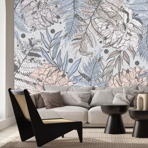 Fototapete Waldhain mit Farnen im Nebel