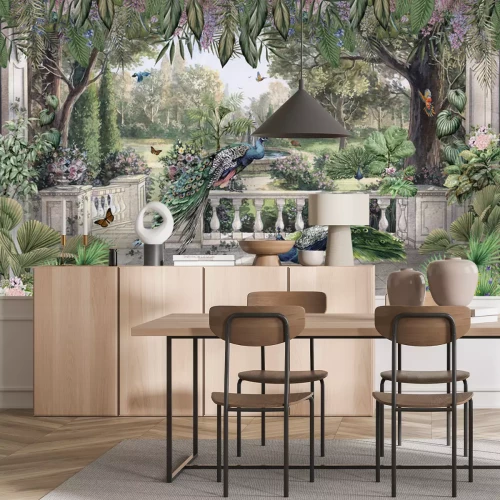 Fototapete Wunderschöne Pfauenvögel in einem tropischen Garten