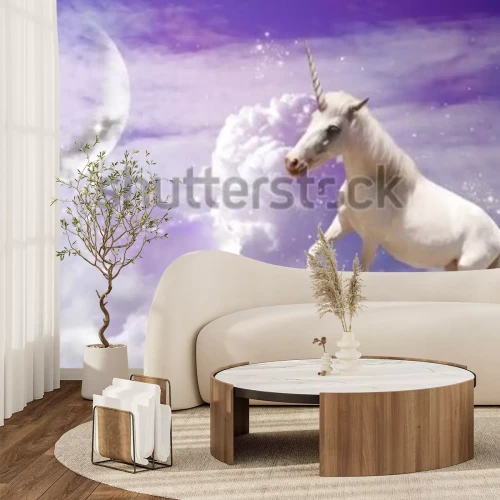 Fototapete Magic unicorn in fantastic sky with fluffy clouds and crescent 