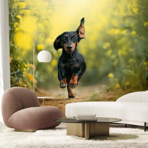 Fototapete Glücklicher Dackel läuft im Feld inmitten von gelben Blumen