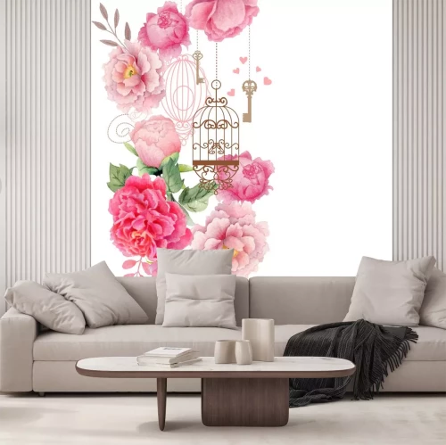 Sticker Dekorative Komposition mit Vogelkäfig und Pfingstrosen