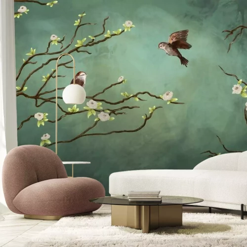 Fototapete Zwei Vögel auf einem Ast