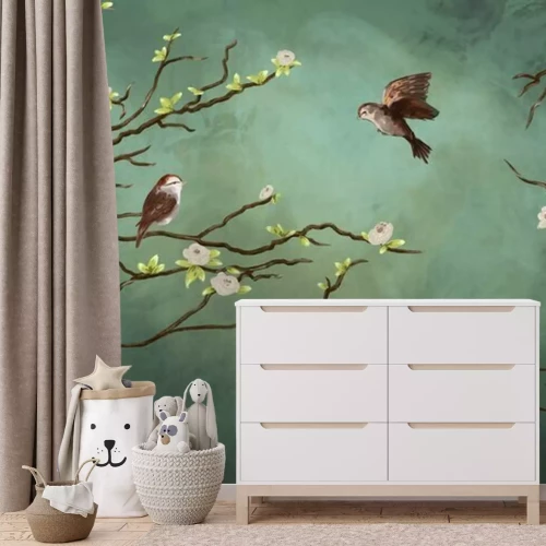 Fototapete Zwei Vögel auf einem Ast