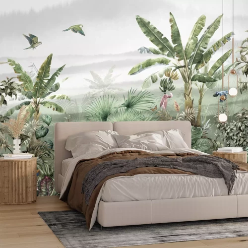 Fototapete Vögel in einem tropischen Dschungel vor einer nebligen Landschaft