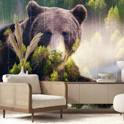 Fototapete Braunbär und grüne Bäume