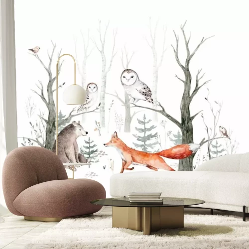 Fototapete Fuchs Bärenjunges und Eulen im Aquarellwald