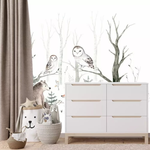 Fototapete Fuchs Bärenjunges und Eulen im Aquarellwald