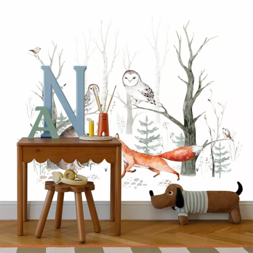 Fototapete Fuchs Bärenjunges und Eulen im Aquarellwald