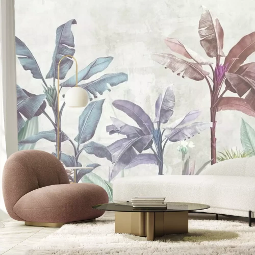 Fototapete Tropical trees wallpaper design, banana leaf, landscape, pastel tones, mural art.