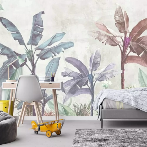 Fototapete Tropical trees wallpaper design, banana leaf, landscape, pastel tones, mural art.