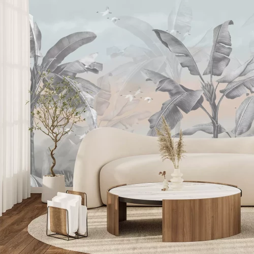 Fototapete Dschungel mit Vögeln und Palmen