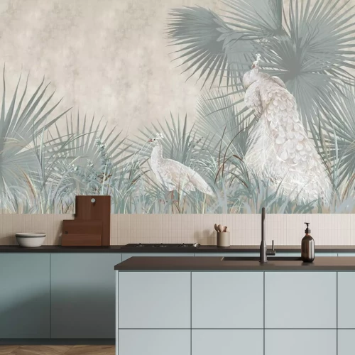 Fototapete Graphic illustration of a peacocks and leaves. Design for interior project, wallpaper, photo wallpaper, mural, poster, home decor, card, packaging!