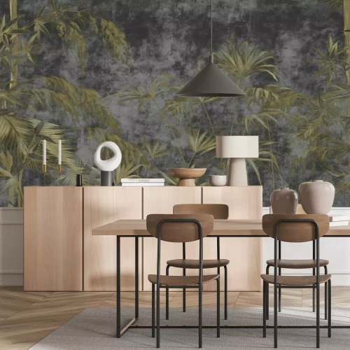 Fototapete Hellgrüne Blätter auf dunklem Hintergrund