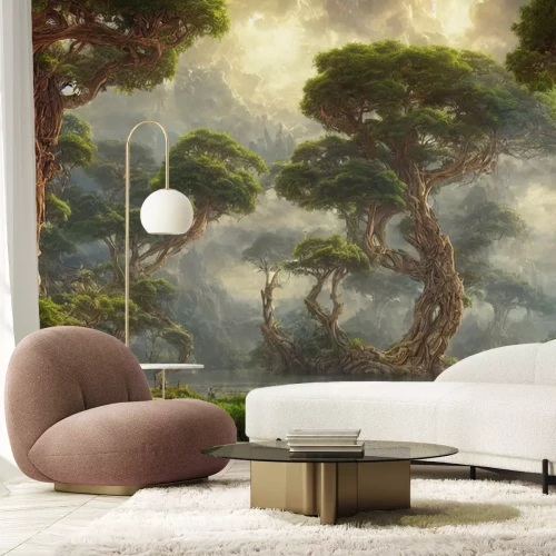 Fototapete Beautiful fantasy land with lake and giant trees