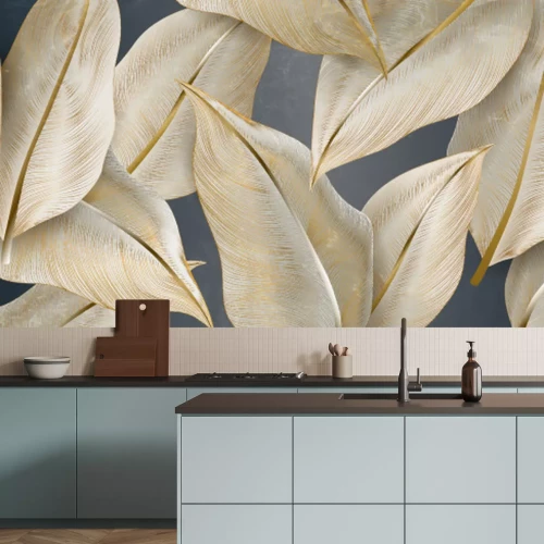 Fototapete Große 3D-Blätter mit Gold im glamourösen Stil