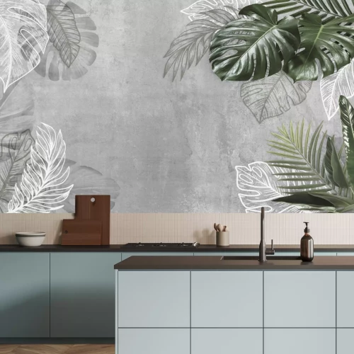 Fototapete Tropical leaves on grey cement background. Material for advertising and creativity. Monstera Leaves. 3d illustration. Banner With Copy Space