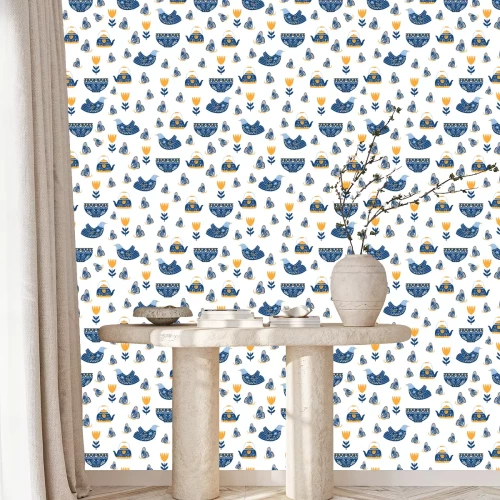 Tapete Blumenvögel und blaue Schmetterlinge auf einem weißen Hintergrund