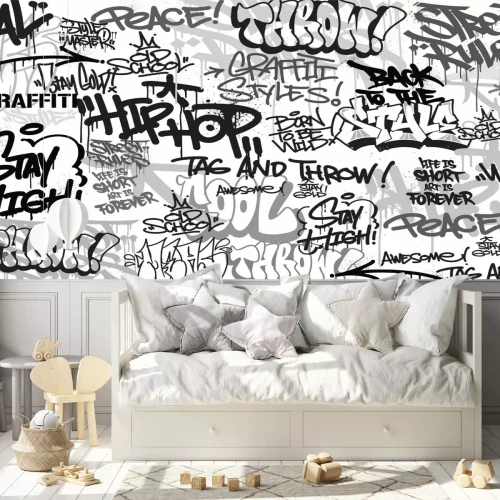 Fototapete Schwarz-weiße Graffiti im Street-Art-Stil