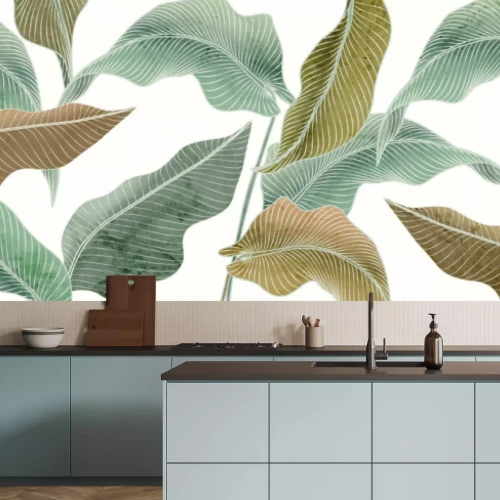 Fototapete Große grüne 3D-Blätter auf weißem Hintergrund