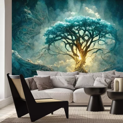 Fototapete Abstrakter Baum mit blauen Blumen