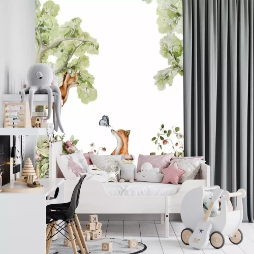 Sticker Watercolor nursery frame. Hand painted woodland border of cute baby animals in wild, forest summer landscape, tree, fox, raccoon, strawberry. illustration for baby shower design, kids print, wall art