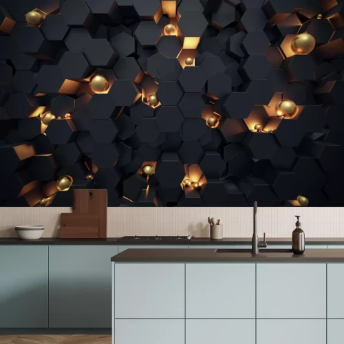 Fototapete Abstract 3D Dark hexagon wallpaper or background with golden sphere lightened 