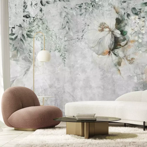 Fototapete Zarte Blumen auf grauem Betonhintergrund