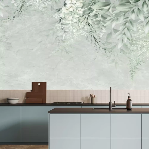 Fototapete Zarte Blätter auf einem einheitlichen grünen Hintergrund