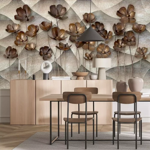 Fototapete Brown-Blumen 3D auf einem konkreten Hintergrund