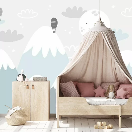 Fototapete Vector children hand drawn doodle mountain illustration in scandinavian style. Mountain landscape, clouds, air balloons and cute moon. Kids wallpaper. Mountainscape, baby room design, wall decor.