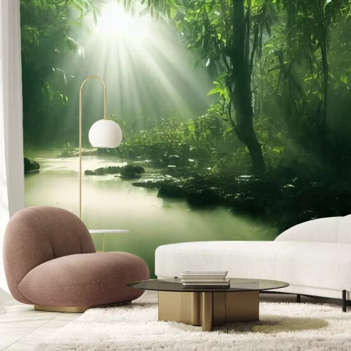 Fototapete Dunkelgrüner Wald in den Sonnenstrahlen