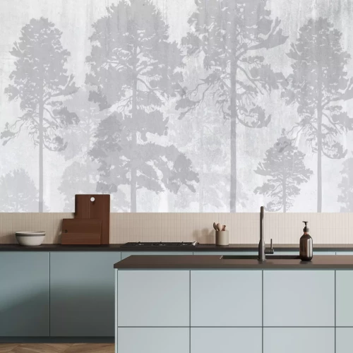 Fototapete Photo wallpapers for the interior. Wall decor in grunge style. The forest is in a fog. A fresco depicting a forest.