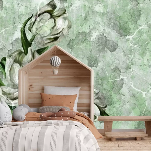 Fototapete Weiße Blume an einer rissigen Wand