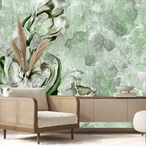 Fototapete Weiße Blume an einer rissigen Wand