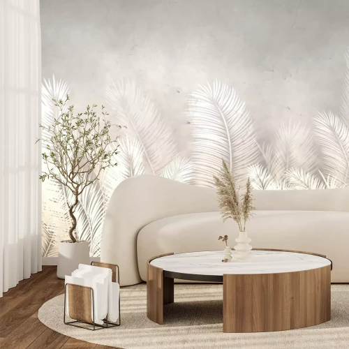Fototapete Große Palmblätter auf strukturiertem Untergrund in Betonoptik