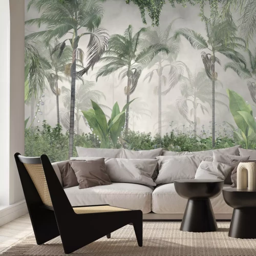 Fototapete Grüne tropische Vegetation in einem nebligen Dschungel