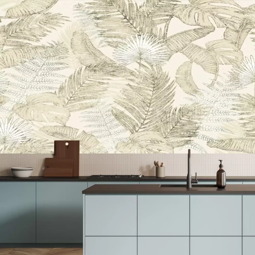 Fototapete Background of tropical leaves. Palm leaves, branches, grass.