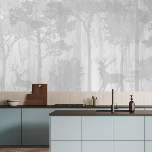 Fototapete Grauer Wald mit Rehen und Bäumen