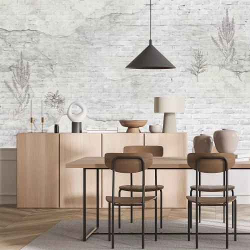 Fototapete Alte weiße Mauer mit Lavendel