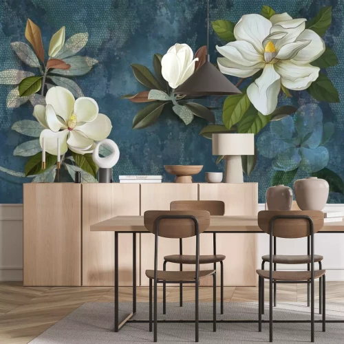 Fototapete Wall mural, wallpaper, postcard, flowers on a dark background, magnolia, jasmine, leaves. Painted flowers.